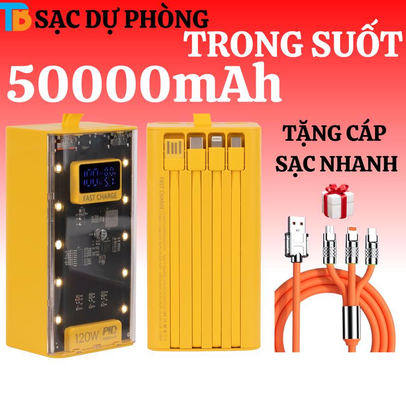 (TẶNG CÁP SẠC NHANH)Pin dự phòng 50000mAh TRONG SUỐT Hỗ trợ sạc nhanh 22,5W, 4 đầu ra Tích hợp 2 cổng sạc đầu ra  Sạc Pin có đèn cho tất cả các dòng điện thoại