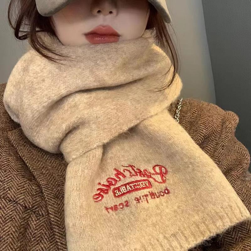Product Introduction of Winter New Wool Embroidered Scarf High-end Fashion Versatile Scarf Neck Protector Velvet Knitted Women 1