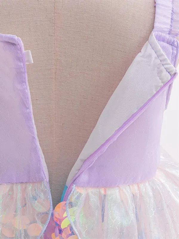 Christmas Gift Mermaid Costume for Girls, Contrast Sequin Zipper Back Butterfly Sleeve Tulle Dress, Girls Partywear for Birthday Party 4