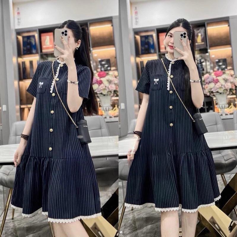  Váy bầu cộc tay kẻ sọc xanh cổ tàu sang chảnh 