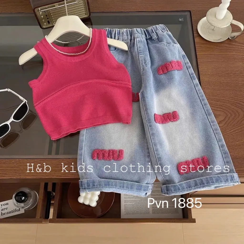 Set áo hồng sát nách quần xuông MIN bé gái