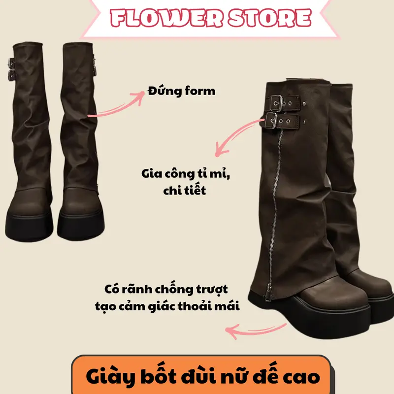 [ MUA 1 TẶNG 1 ]  Giày Bốt Đùi Nữ Đế Cao Ống Rộng Khóa Kim Loại Cao Cấp Cá Tính B07 - Boot, Shoes - Tặng 1d tất thêu hình ngẫu nhiên 1