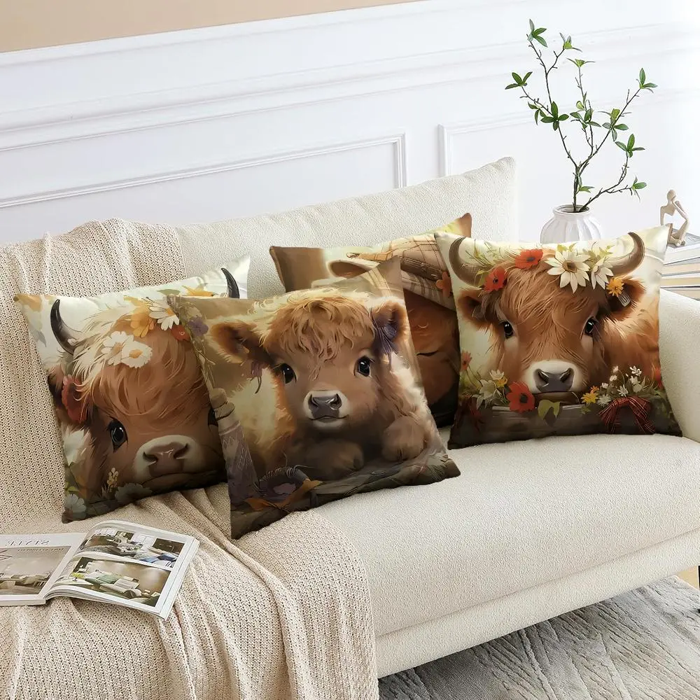 Highland Cow Pattern Cushion Cover, 4 Counts/set Square Throw Pillow Cover, Household Decoration Supplies for Home Living Room Bedroom
