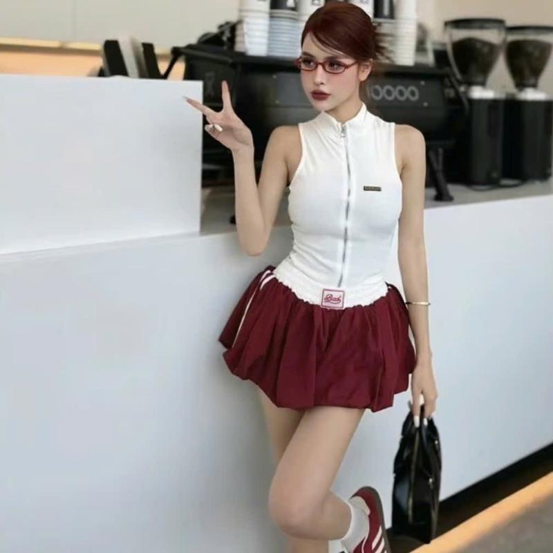 Set Áo Ba Lỗ Sát Nách Khóa Kéo Chân Váy Bí Phồng Kẻ Sọc Nữ Women 0