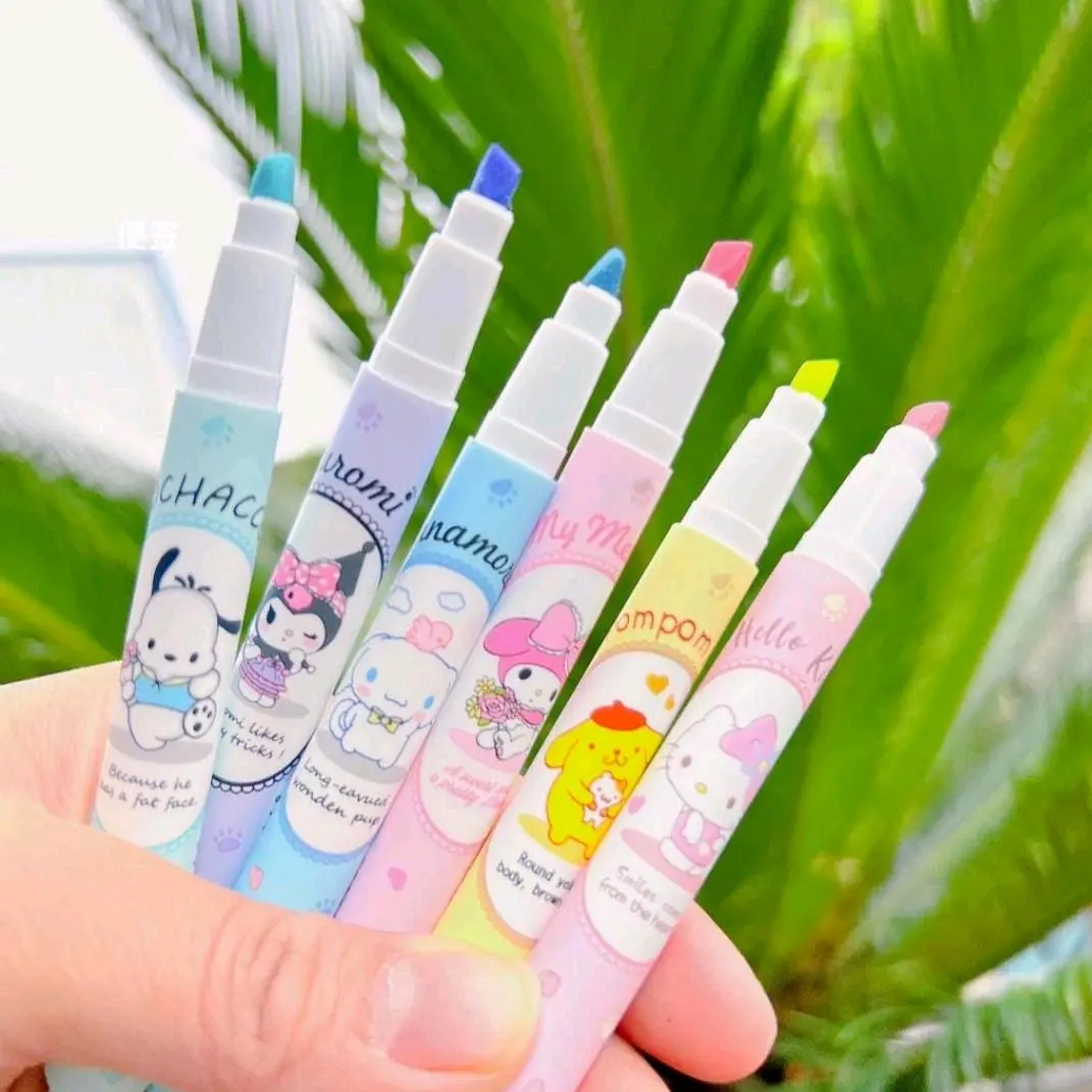 1 Set Isi 6 Warna Stabilo Karakter Kartun Sanrio Lucu Warna Pastel / Highlighter