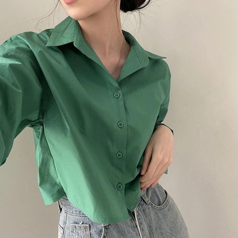 Product Introduction of Fashion Short Shirts Women Korean Chic Loose Solid Color Long Sleeve Crop Tops Female Casual Elegant Button Split Turn Down Collar Blouse 14