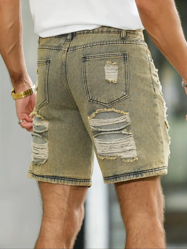 Men's Regular Fit Solid Color Distressed Ripped Denim Shorts, Casual Comfy American Retro Shorts for Summer, Fashion Men's Bottoms for Daily Wear, Cotton 1