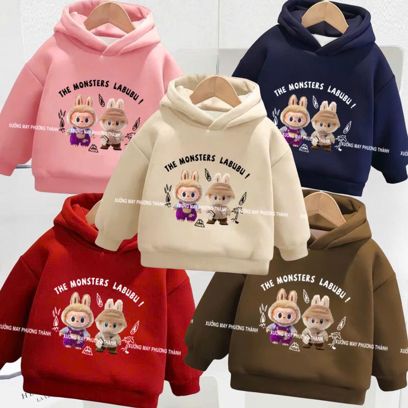  Áo hoodie cho bé trai bé gái in hình LABUBU mũ áo 2 lớp chất vải NỈ BÔNG TÀU dày dặn mềm mại hình in sắc net thời trang thu đông cho bé 14-40kg 