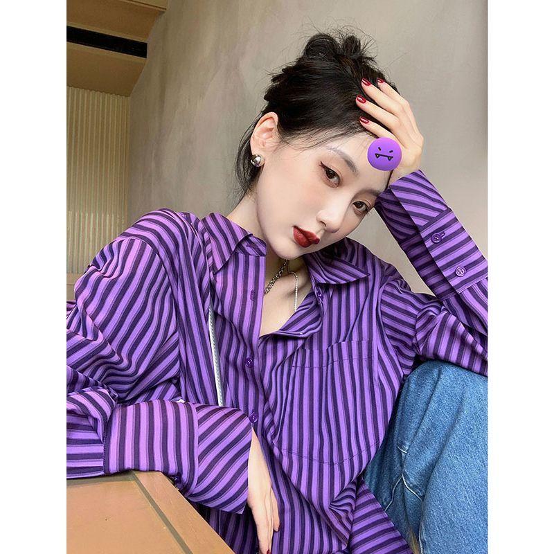 Áo Sơ Mi Sọc Tím, Dành Cho Nữ, Phong Cách Hồng Kông Cổ Điển Dáng Rộng Vừa Vặn, Phong Cách Bf Lười Biếng, Áo Sơ Mi Dài Tay, Thiết Kế Thanh Lịch Và Sang Trọng, Áo Hàng Đầu 4