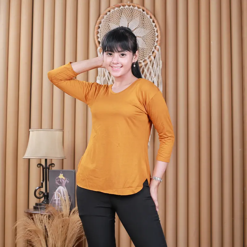 Kaos Oversize Lengan 7/8 Wanita T-shirt Wanita Lengan 3/4 Slit Atasan Rayon Belah Samping Basic Baju Panjang Top Polos Oval murah 6