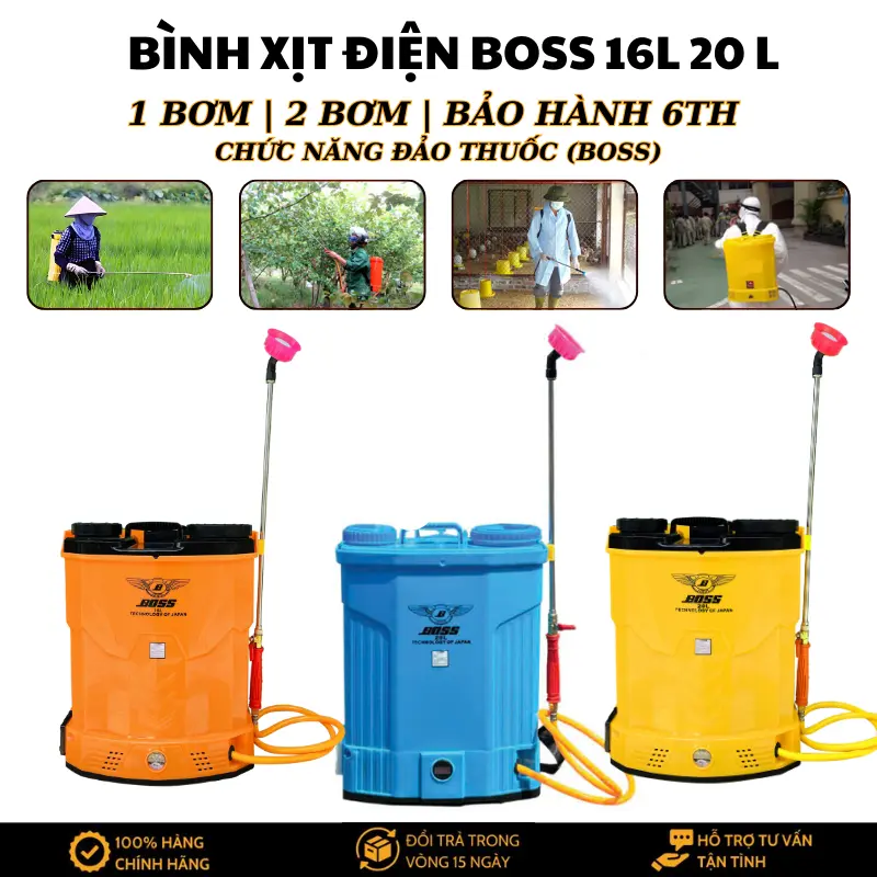 Bình Xịt Điện BOSS 16L & 20L - 1 Bơm/2 Bơm, Đeo Vai Êm Ái, Đầu Phun Ổn Định Xịt Mạnh Đa Năng Tưới Cây & Phun Thuốc - Bình phun thuốc khuấy thuốc và phổ thông
