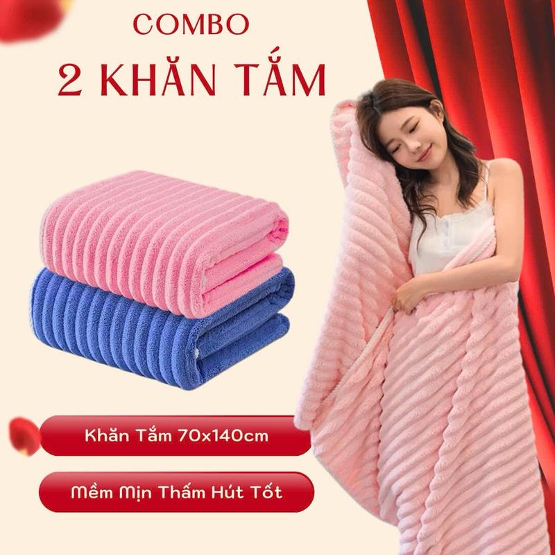 Bộ 2 Khăn Tắm 140x70cm Làm Từ Sợi Cotton Cao Cấp Mềm Mịn, Thấm Hút, Không Ra Màu Dùng Cho Nhà Tắm Khăn Tắm
