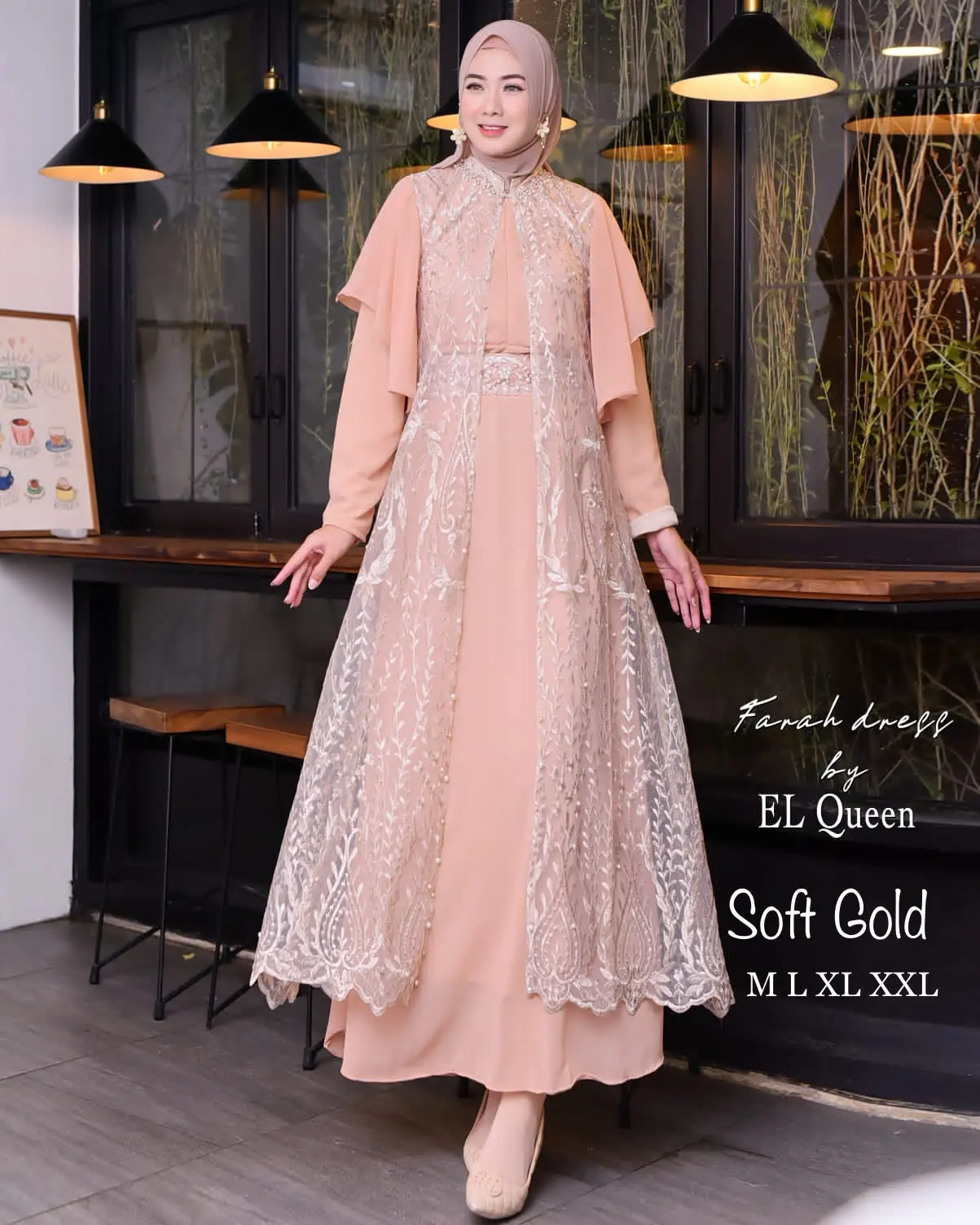Farah Dress + Outer Gamis Muslim Tile Wanita Pesta Mewah Baju Dewasa