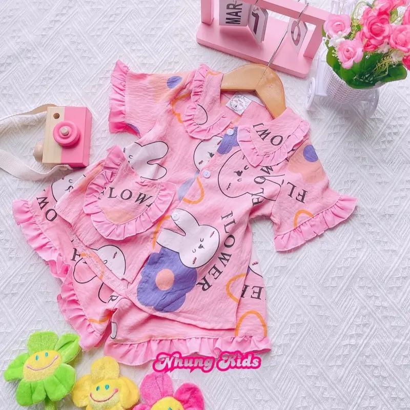 (8-17kg) Bộ pijama cổ tiểu thư Quần ngắn chất vải cotton Hàn mềm mát cho bé gái dưới bốn tuổi 2