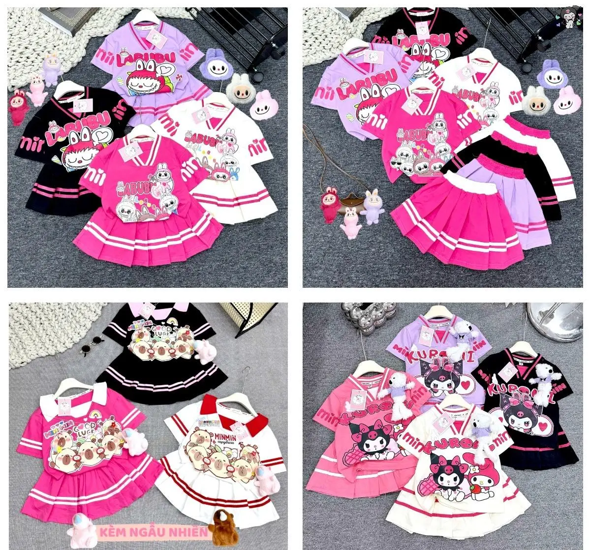 [MinMinKid3] (15-40kg) Set thun cotton áo cổ tim in hình cừu bông và Kromi, LABUBU phối chân váy xếp ly KÈM THỎ ÁO HỒNG xinh xắn cho bé gái bộ đồ trẻ em vải cotton vây  bóng