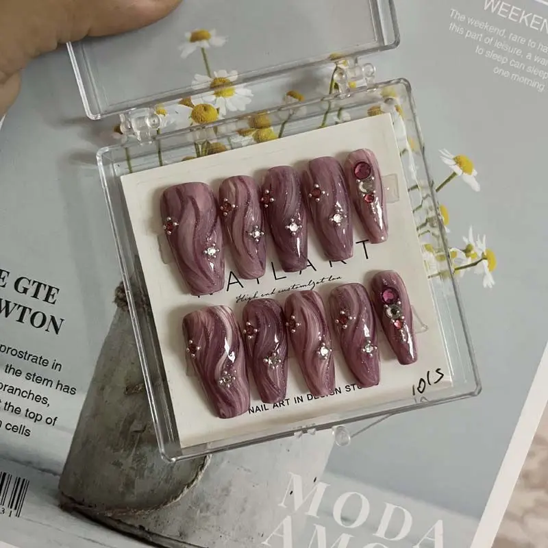 2024 New Ripple Line Nail Art Autumn Edition White Sparkling Diamond Cat Vision Medium length Trapezoidal Handmade Wearing Armor
