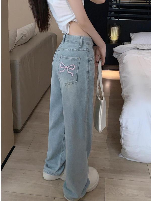 Quần bò nữ dáng suông phong cách hàn quốc ️️,Quần jean ống suông thêu nơ túi sau Women Pants Denim Có Túi