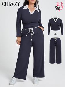 CURVZY Plus Size Two-piece Set Colorblock Collared Top & Pocket Drawstring Waist Pants, Casual Fashion Long Sleeve Top & Wide Leg Trousers for Daily Wear, Women's Two-piece Outfits for Spring & Fall