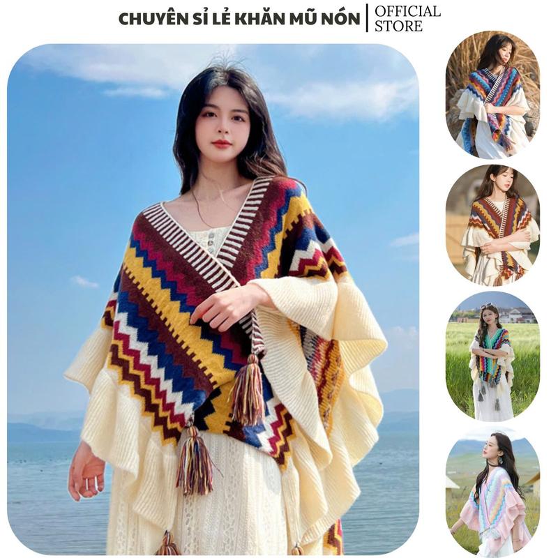 Khăn len thổ cẩm viền bèo xinh xắn cho nữ, áo choàng thổ cẩm cho nữ Hoa Khăn Choàng Quàng Cổ Women Choàng Cổ Cua