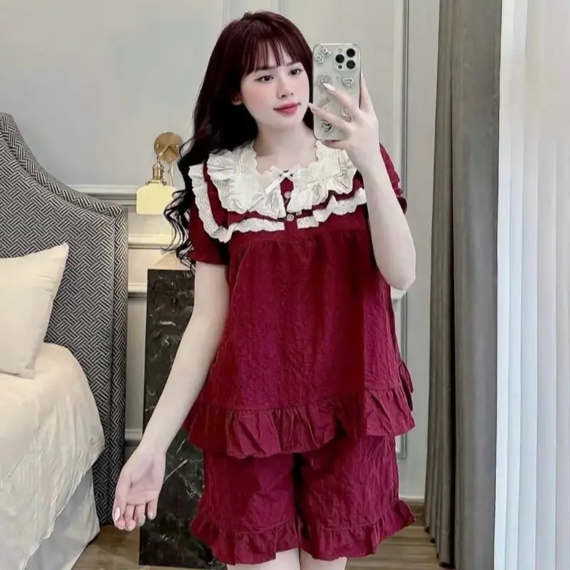 Sét bộ tay cộc quần cộc , cổ vuông phối ren 0