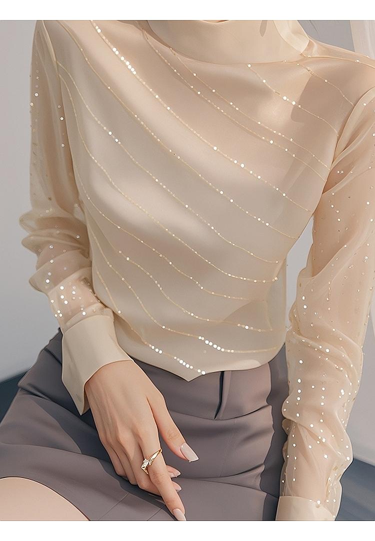 Product Introduction of Beautiful Blouse French Style Temperament Top Light Beige Sequined Long Sleeve Women's Shirts Womenswear Lingerie Comfort Basic Minimalist 11