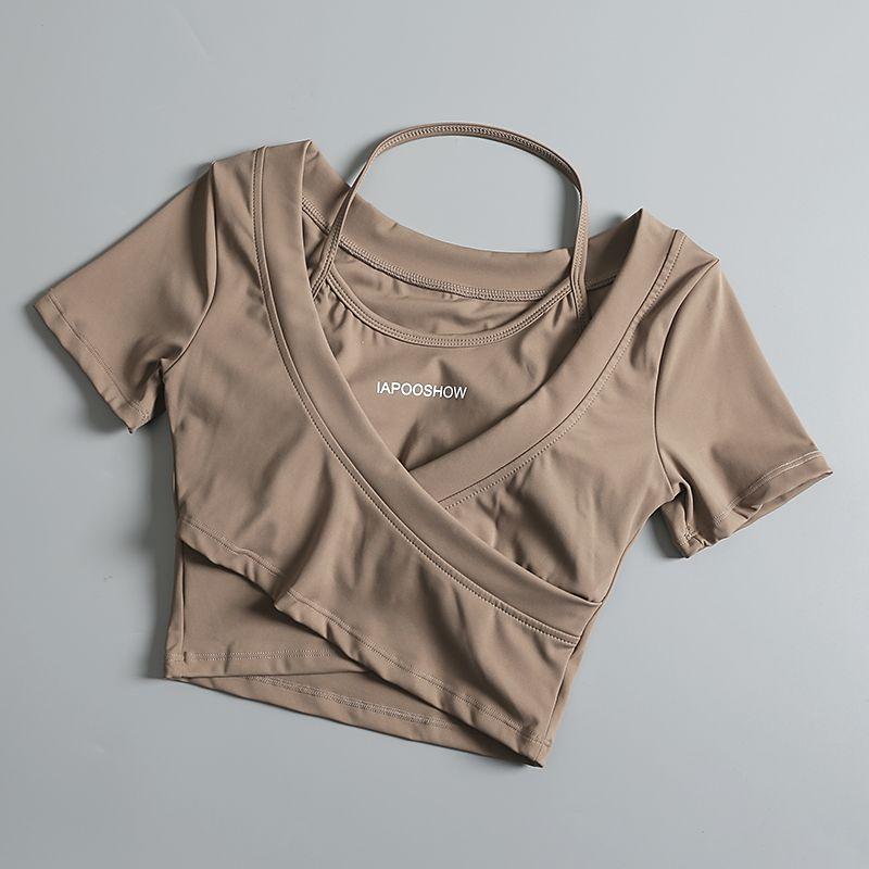 Product Introduction of Áo Crop-Top, dành cho nữ, ngắn Tay, bó sát, hai mảnh giả, thích hợp cho tập luyện, chạy, tập luyện, Yoga, áo phông với đệm ngực 6