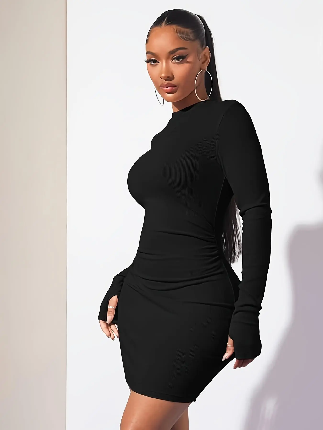 Women's Long Sleeve Mock Neck Mini Bodycon Dress with Thumbholes, Date Night Outfits, Black Party Holiday Short Tight Dresses, Spring & Fall Clothes for Ladies, Chic Womenswear