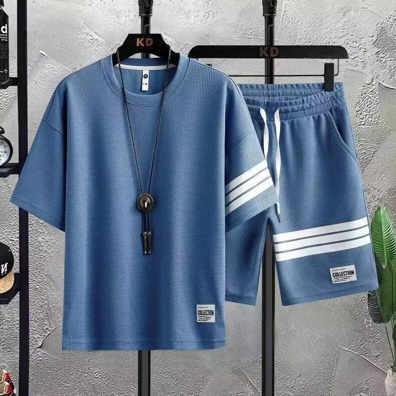 Product Introduction of Men's Summer Short Sleeve T-Shirt & Shorts Set - Casual Waffle Knit Outfit |   Trendy Sporty 2-Piece Lounge Wear |   Lightweight Comfort Clothes 4