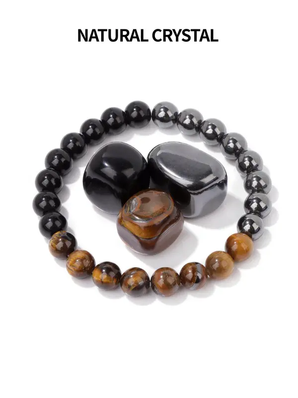 Natural Stone Beaded Bracelet with Three Stones, Fashionable Elastic Bracelet for Women & Men, Trendy All-match & Exquisite Jewelry for Birthday Gift 0