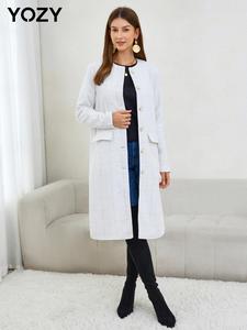 YOZY Women's Plaid Print Faux Pearl Decor Button Front Coat, Casual Long Sleeve Round Neck Outerwear for Fall & Winter, Ladies Clothes for Daily Wear