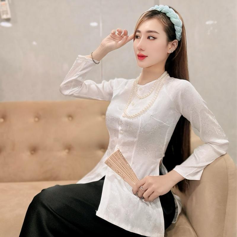 B.A115 - ( ÁO LẺ ) Áo Bà Ba Gấm Hoa Cúc Cài Nút Tay Dài Cổ Tròn ( 6 màu ) Nữ Women Top Sơ Mi