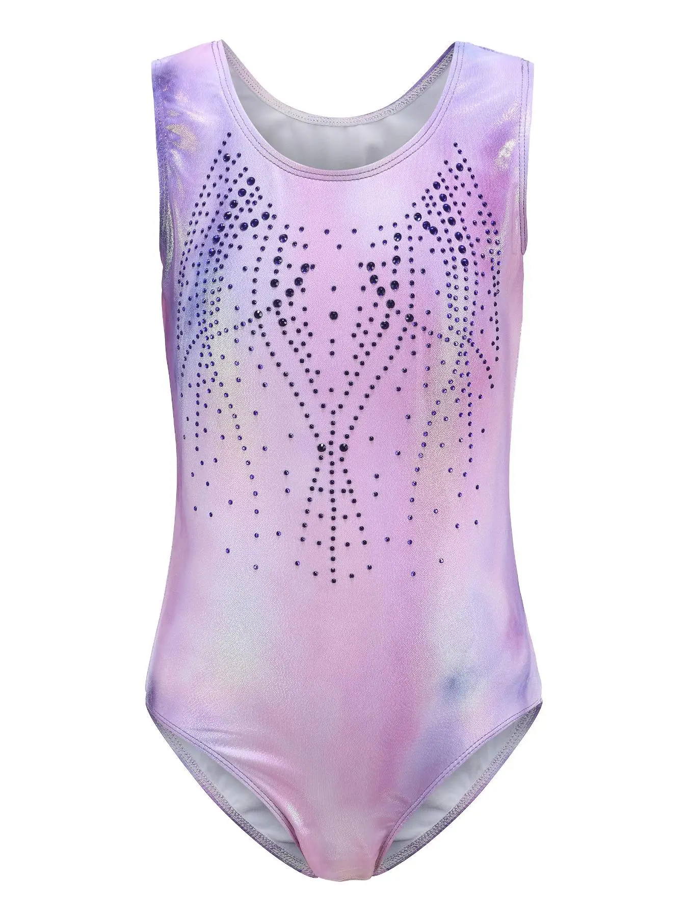 Girl's Ombre Artificial Gemstone Decor Sleeveless Dance Leotard, Sporty Gymnastics Bodysuit for Training Competition, Gymnastics Outfit for Girls
