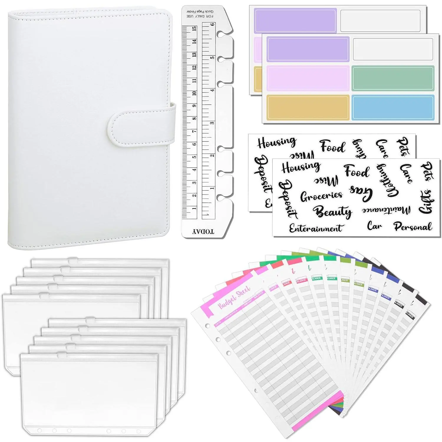 Budget Binder Notebook, 1 Set A6 PU Leather Budget Binder with Budget Sheet & Cash Envelope & Sticker & Label & Ruler, Saving Money Budget Planner for Home, Valentines Gift for Him