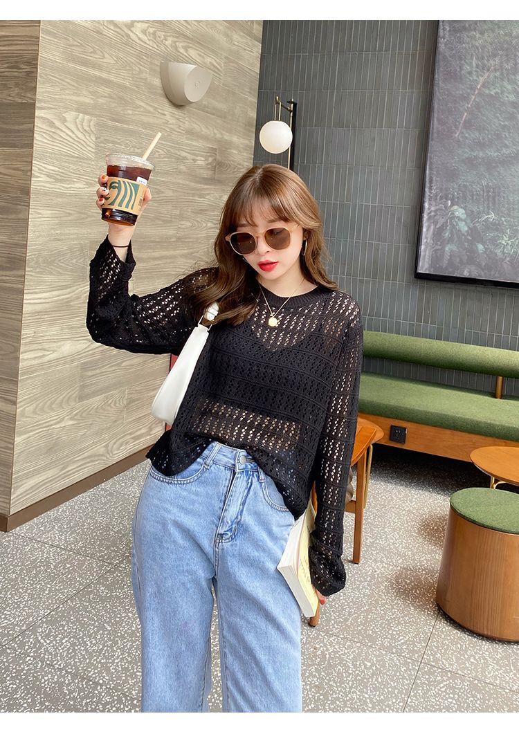 Product Introduction of 🔥Top fashion hollow out knits trendy women new loose slimming outside wear thin ruffles long sleeve shirt trendy top for women Womenswear Knitwear 6