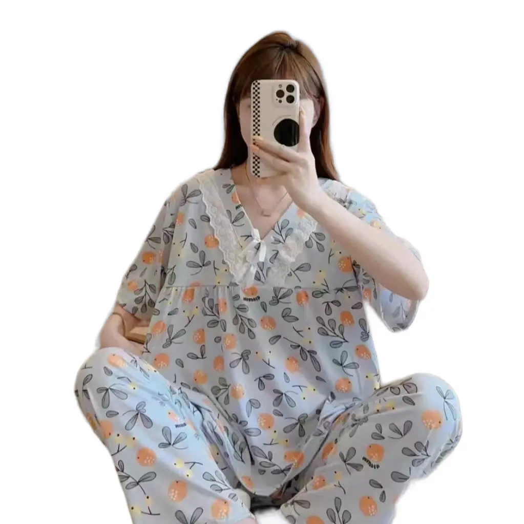Setelan baju tidur V-neck bahan katun import Nyaman Wanita Panjang