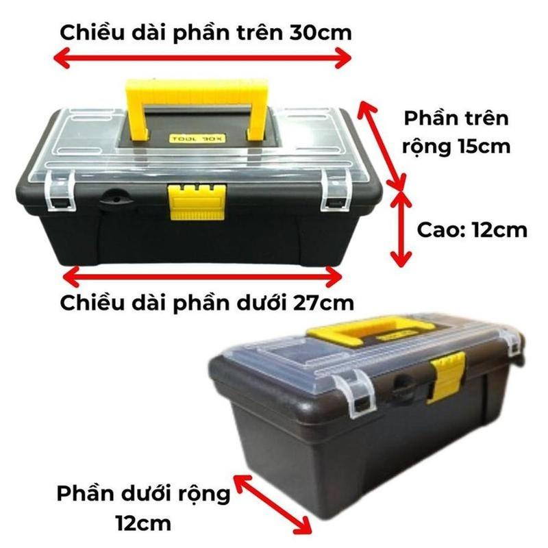 Có kèm quà tặng 10 lưỡi dao rọc giấy - Thùng đựng đồ nghề mini đen nhỏ 12in kích thước 30x15x12cm có chốt mở đóng chắc chắn