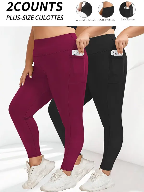 【Plus Size】 Solid High Waist Pocket Leggings, Casual Comfy Breathable Skinny Pants for Daily Wear, Women's Bottoms for All Seasons 5