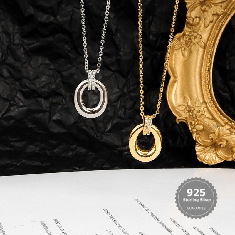 Product Introduction of S925 Silver Geometric Ellipse Double Ring Necklace Diamond Ring Simple All-Match Necklace 21