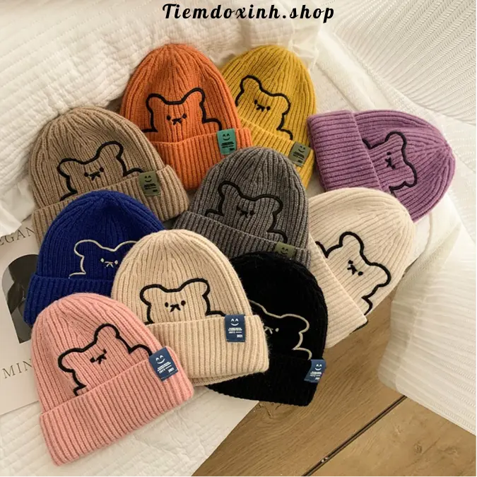 Mũ len THÊU GẤU dễ thương ấm áp dành cho mọi lứa tuổi Hat