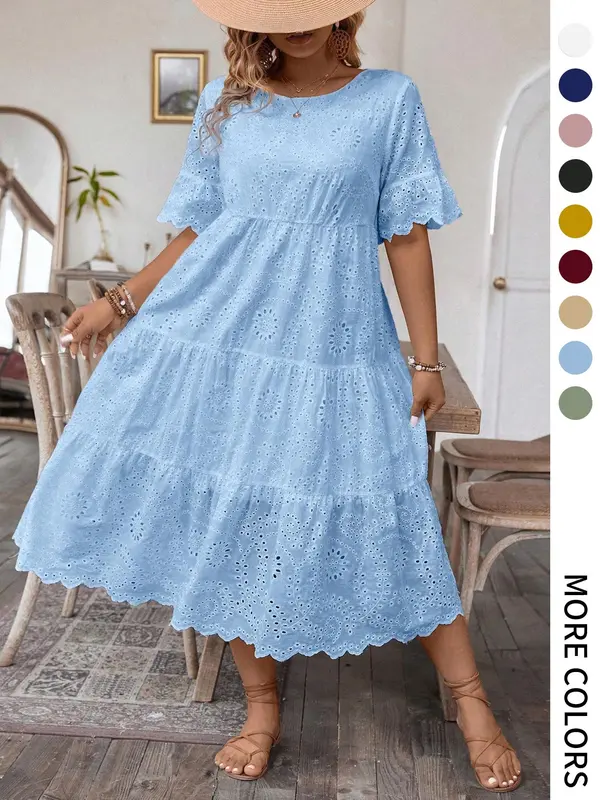 【Plus Size】 Plain Eyelet Embroidery Dress, Casual Bohemian Fashion Round Neck Dress for Daily Holiday Vacation Wear, Women Plus Clothing for Summer, Womenswear, Plus Size Dresses, Plus Size Tummy Flattering Dresses, Floral Lace Dress 6