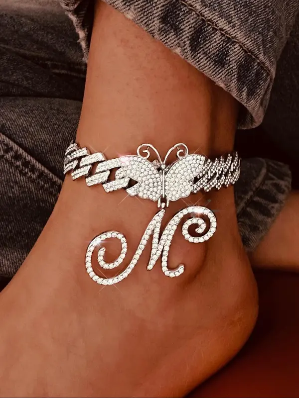 Rhinestone Butterfly & Letter Decor Cuban Link Anklet for Women & Girls, Fashion Charms Jewelry, Trendy All-match & Exquisite Jewelry for Birthday Gift, Girlfriend Gifts 0