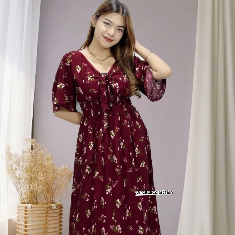 [Dirabali Collection] Dress Pinka motif Bunga Azalea Bali Dress Wanita Adem Bahan Rayon Lembut Nyaman Casual Santai Panjang