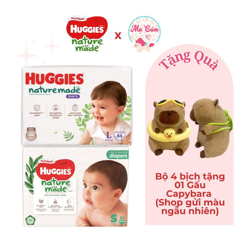 (Tặng Gấu Capybara) Bộ 4 bịch tã Huggies Nature Made bông hữu cơ tã dán NB60, S82, M64, L54, XL44 tã quần M58, L44, XL38, XXL26 Cho Bé Voi