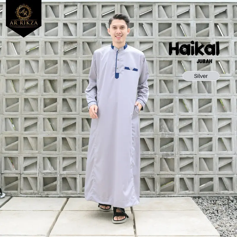 Jubah Gamis Pria Muslim Jubahh Haikal's Dewasa Simple Bahan Katun Toyobo Lengan Panjang Silver List Navy Series Kancing Abu 4