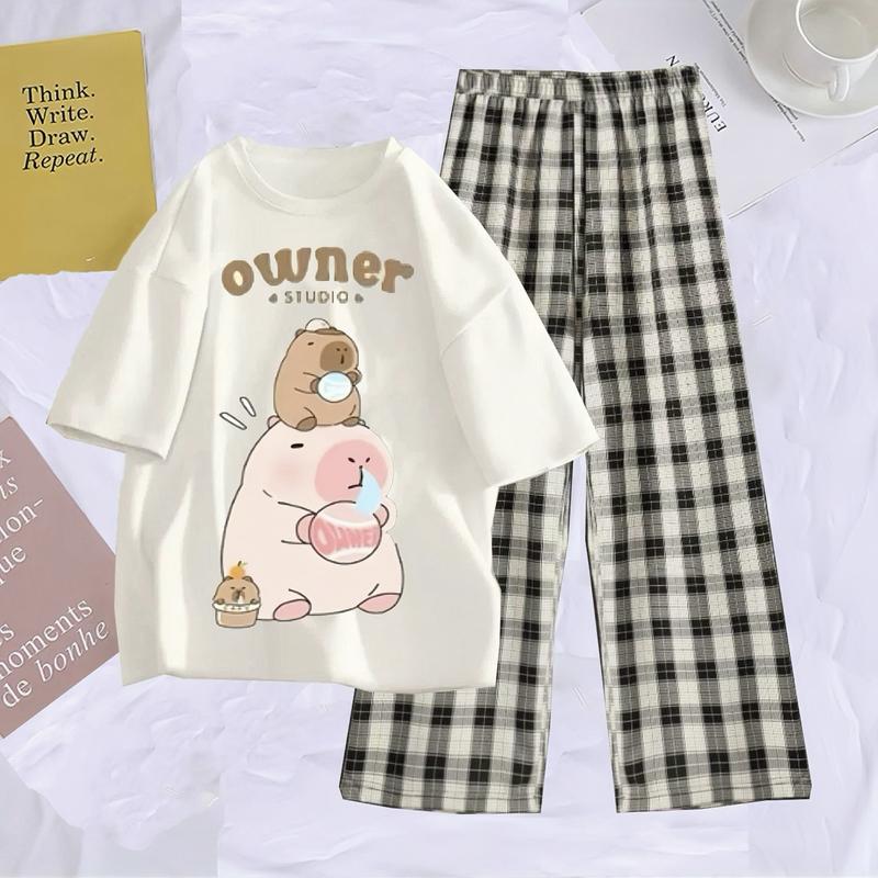 17-55kg Bộ trắng Capy Bara áo cộc quần kẻ xuông cho bé gái size 17-55kg siêu xinh