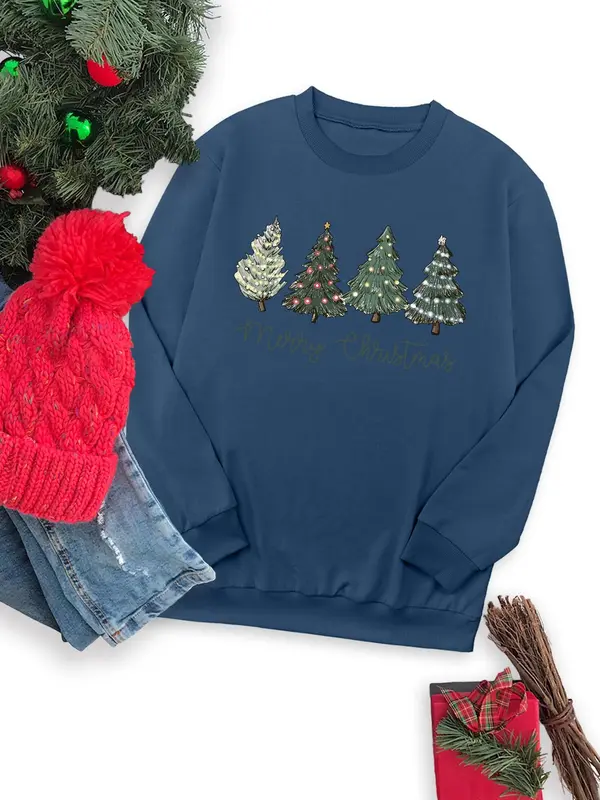 Women's Christmas Tree & Letter Print Round Neck Sweatshirt, Casual Long Sleeve Crew Neck Pullover for Fall & Winter, Women's Clothes for Daily Wear 1