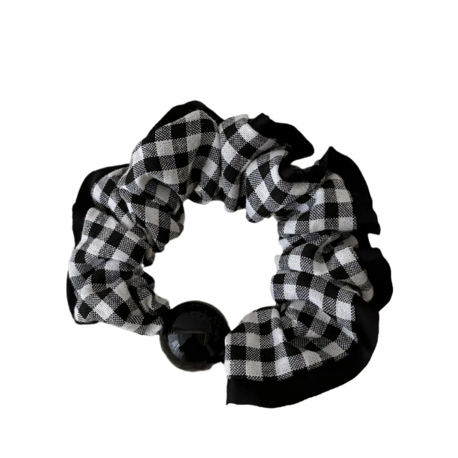 Korean and Japanese Simple Black and White Plaid Beaded Lace Edge Hair Tie French Retro Academy Style Hair Tie Ponytail Hair Rope