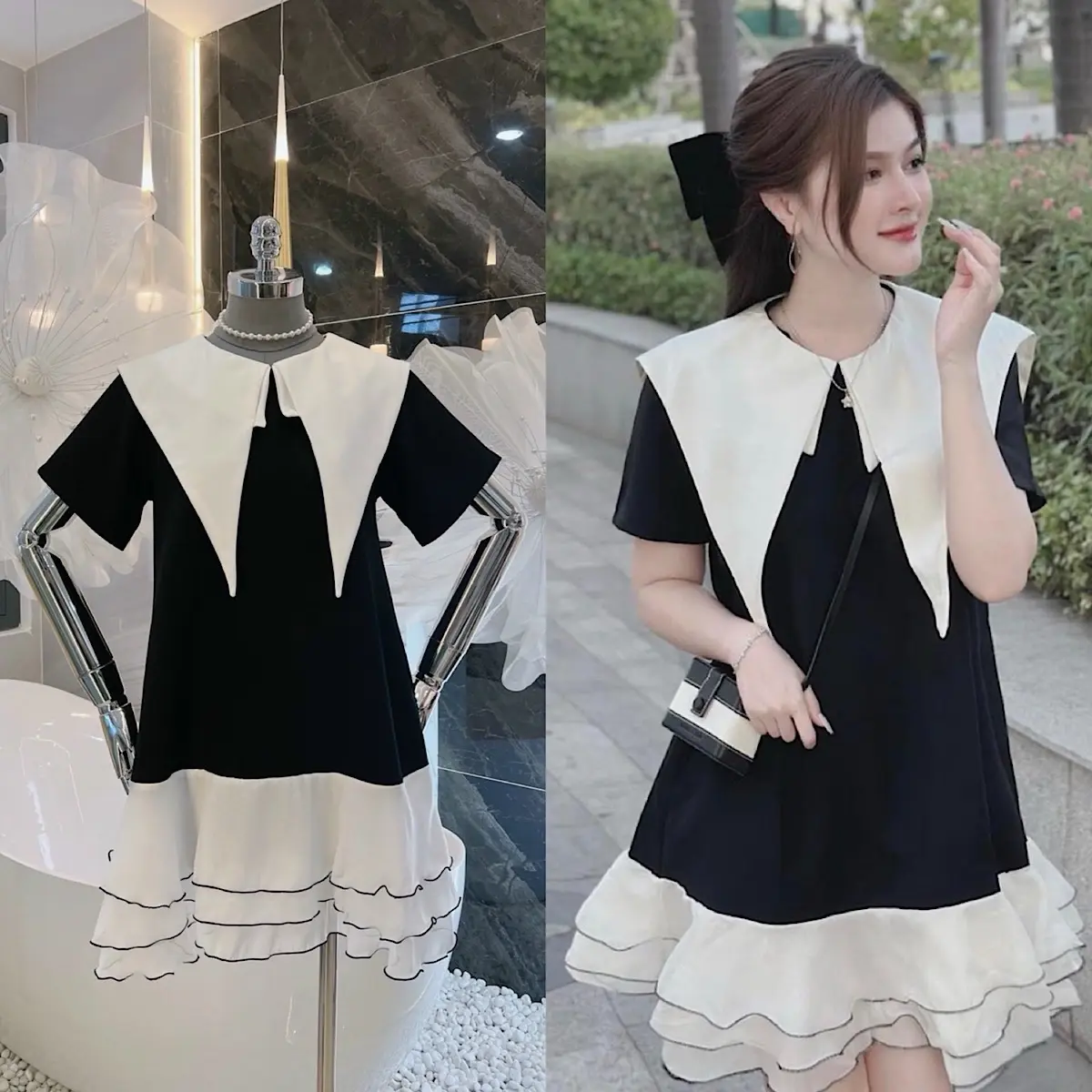 Đầm Babydoll Vạt Nhọn Tay Bèo Tiểu Thư Bigsize Kim Ngân Đầm Bầu S/M/L/XL/XXL DX111 Nữ Women