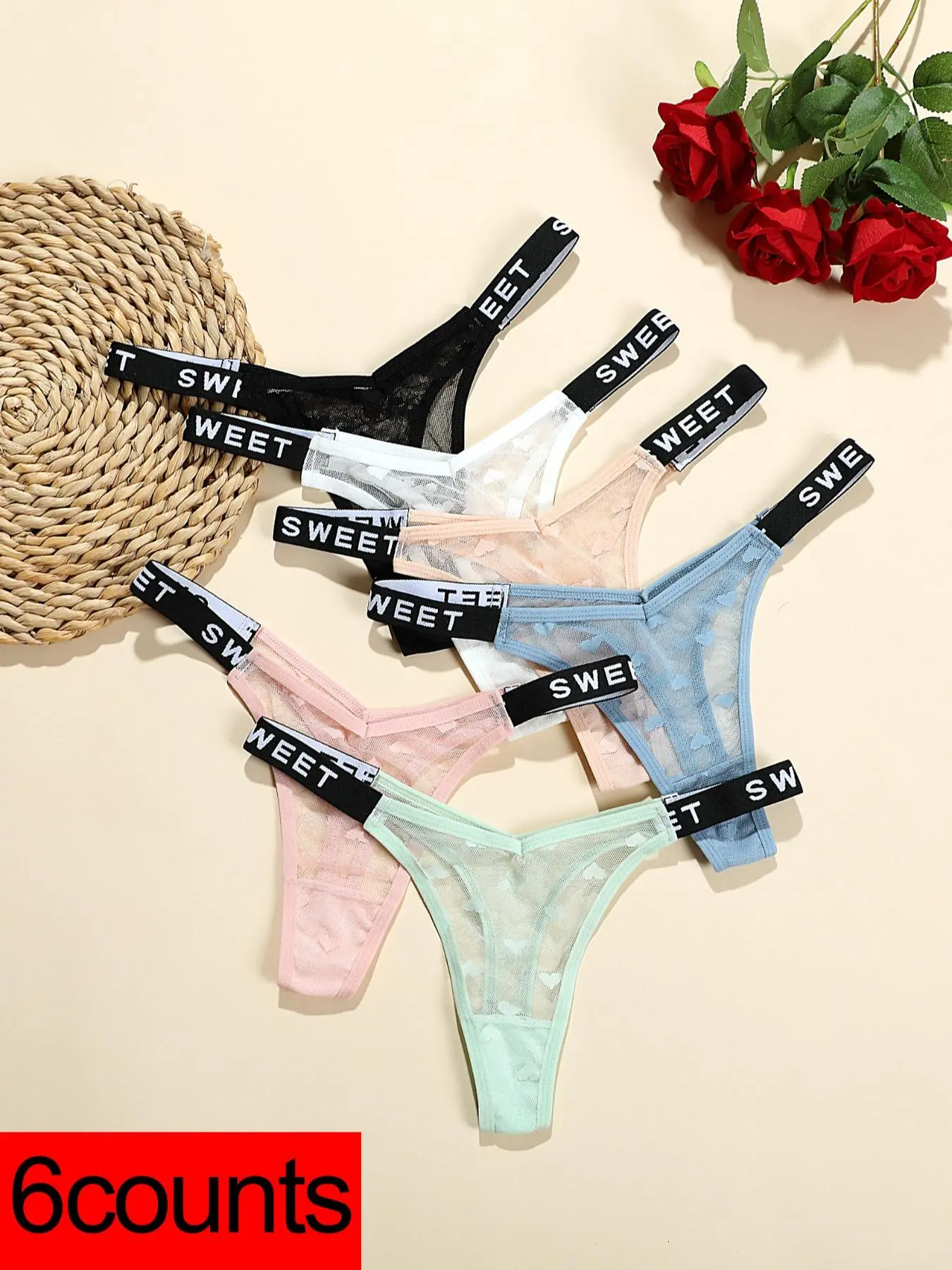 Women's Solid Color Mesh Heart Pattern Letter Tape Thong, Soft Comfy Breathable Panty for Daily Wear, Women's Underwear for All Seasons