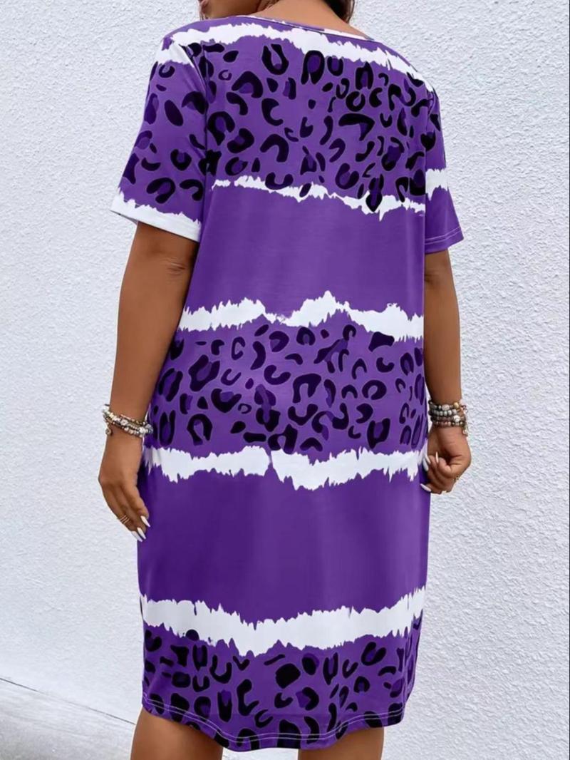 Product Introduction of Plus Size Leopard Striped Print V Neck Tee Dress, Casual Short Sleeve T-Shirt Dress for Daily Wear, Women's Plus Clothing for All Seasons 2